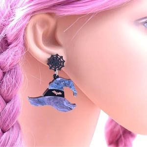 Witch Hat Earrings Purple Spider Web Acrylic Goth Punk Halloween Cosplay